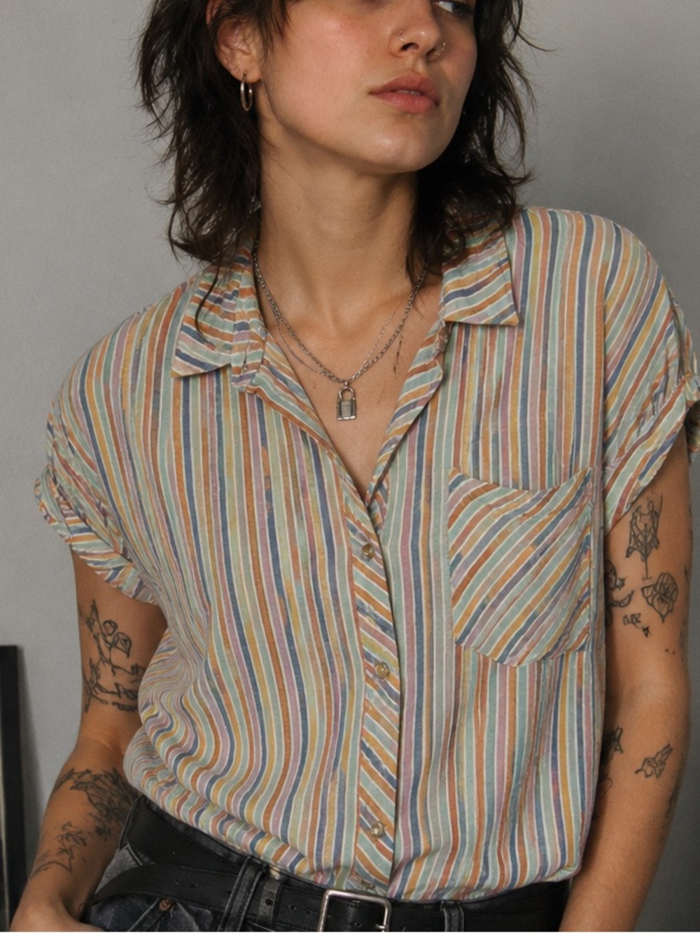 Becool Relaxed Short-Sleeve Button-Up Shirt in Pastel Multistripe